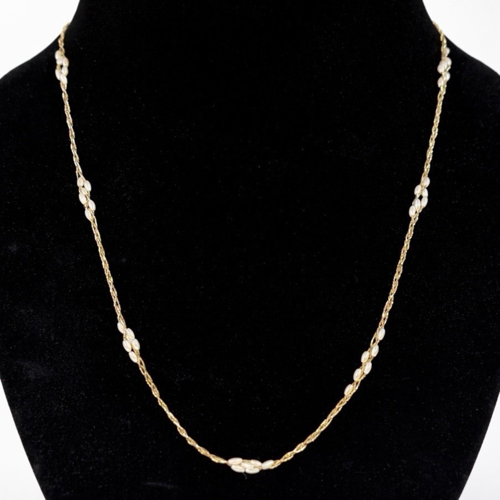 Vintage Monet Gold Tone Pearl Station Necklace Twisted Chain 29" Classic Elegant